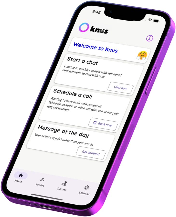 The knus app home screen, with options to start a chat, schedule a call and read the message of the day